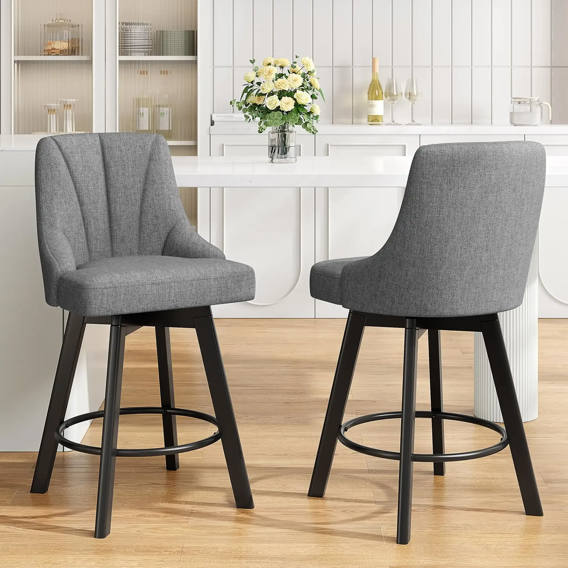 Swivel Bar Stools with Backs, 24" Counter Height Bar Stools Set of 2, Fabric Upholstered Counter Barstools with Solid Wood Legs for Kitchen Island, Home Bar, Dark Gray