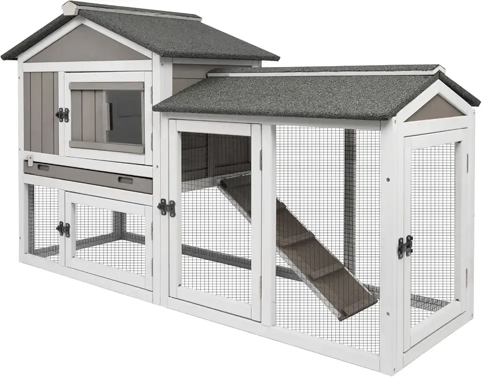 57" W Outdoor Rabbit Hutch 2-Story Rabbit Cage with Pull Out Tray, | Fir Wood Pet House with Wooden Ramp,Waterproof Bunny Cage Indoor with 2 Asphalt Roofs,Grey