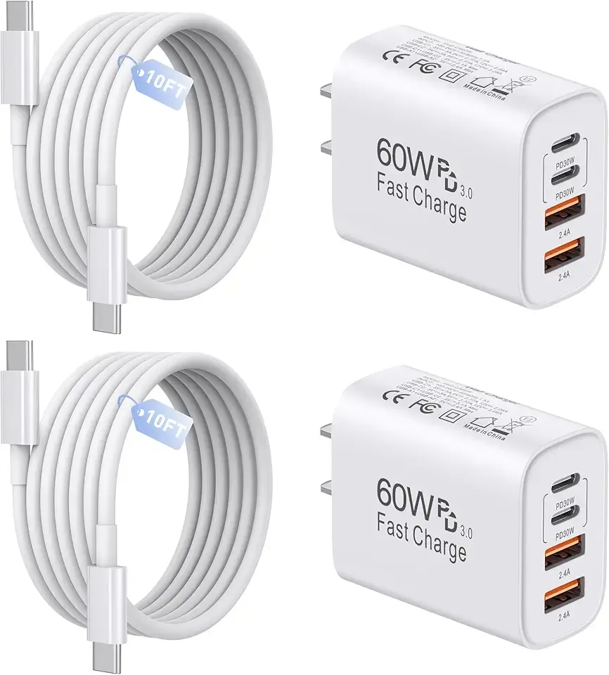 60W USB C Charger,2Pack 10FT iPhone 18 Pro Max Charger Fast Charging,4Port USB-A USBC Charger Block with 10ft USB C Cable Cord for Apple iPhone 18 Pro Max/17 Pro Max/16 Pro/15 Plus/16/iPad,AirPods
