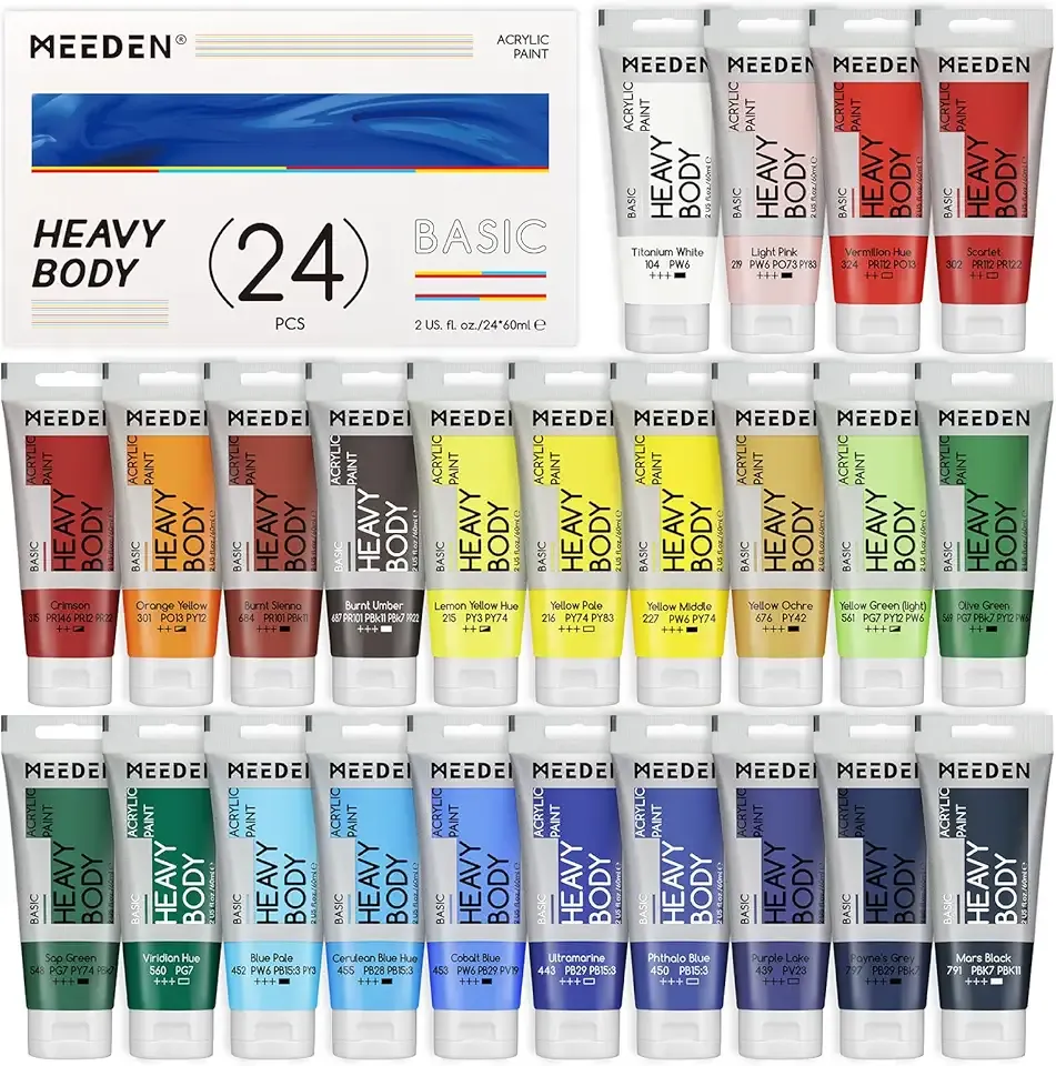 MEEDEN Heavy Body Acrylic Paint - Basic Satin Finish 24 x 60ml (2 oz) Color Paint Set for Adults - Rich Pigment Art Craft Paints for Canvas Clay Wood