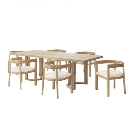 Melody 7-Piece Rectangular Wood Top Dining Table Set with Upholstered Chairs, Beige+Natural, Seats 8
