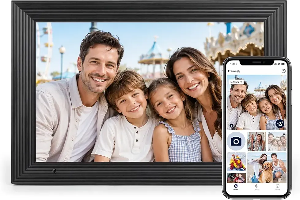 AEEZO Digital Picture Frame, 10.1'' WiFi Electronic Photo Frames with 32GB Memory, 1280 * 800 IPS HD Touch Screen, Auto-Rotate Easy Setup via AiMOR APP, Gifts for Parents and Grandparents Black