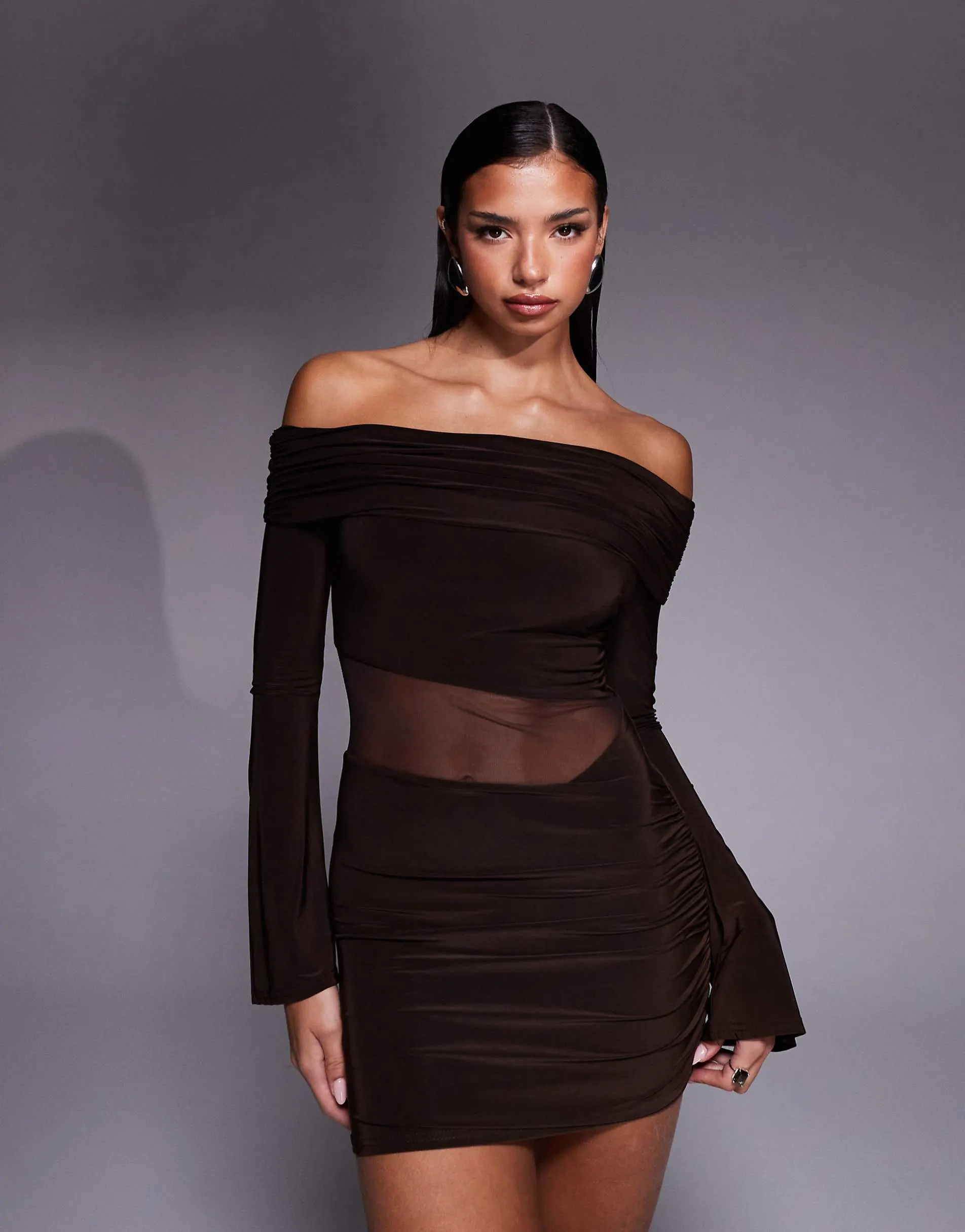 Kaiia exclusive slinky bardot flare sleeve mesh insert mini dress in chocolate
