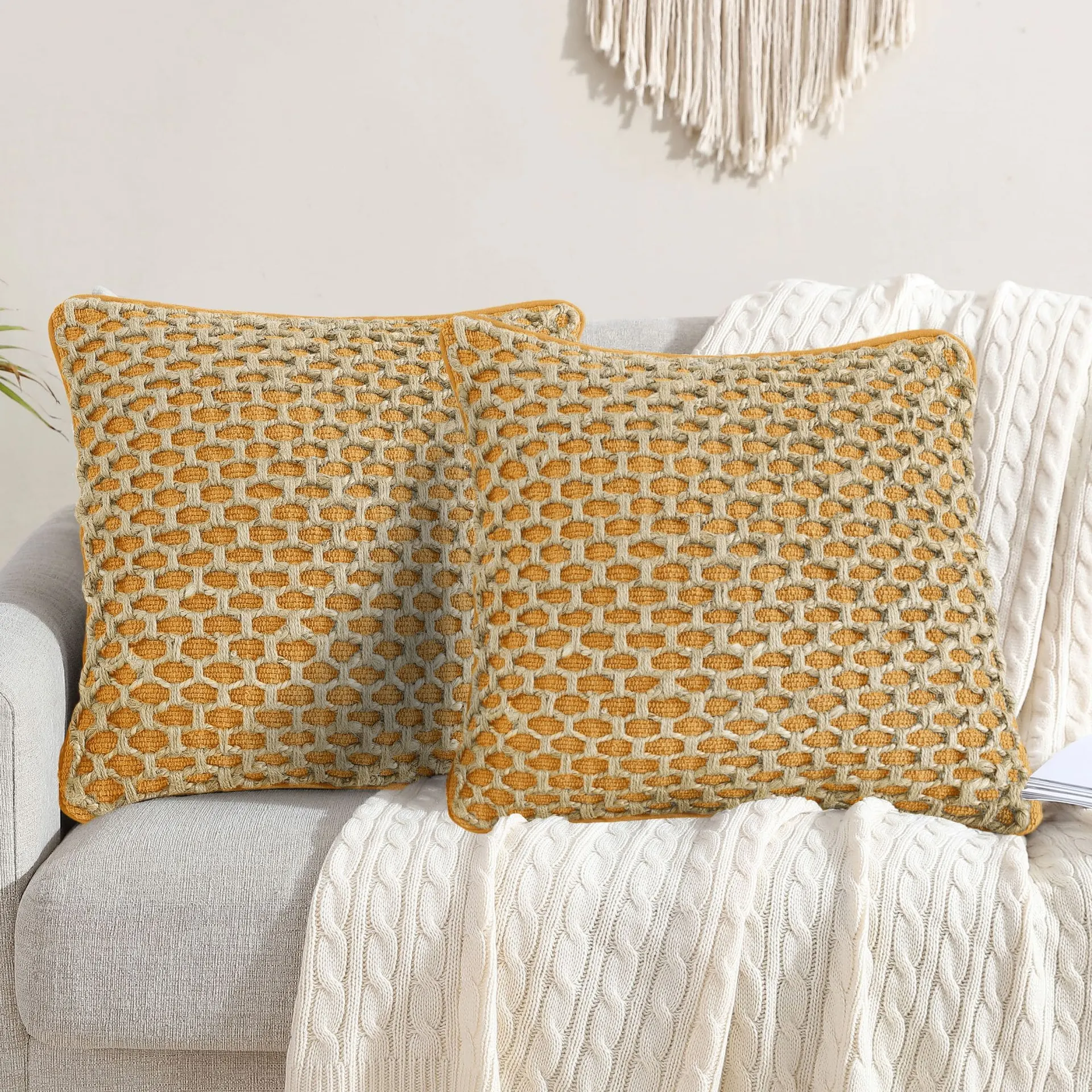 Jada 2-Piece Mustard Yellow 20-in x 20-in Decorative Pillow Cover Set