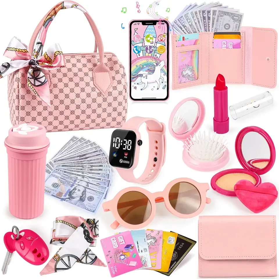 Play Purse for Little Girls, 32PCS Toddler Purse with Pretend Makeup for Kids, Princess Toys Includes Handbag, Phone, Wristwatch, Silk Scarf Kids Toy Purse Birthday Gift for Girls 3 4 5 6 +
