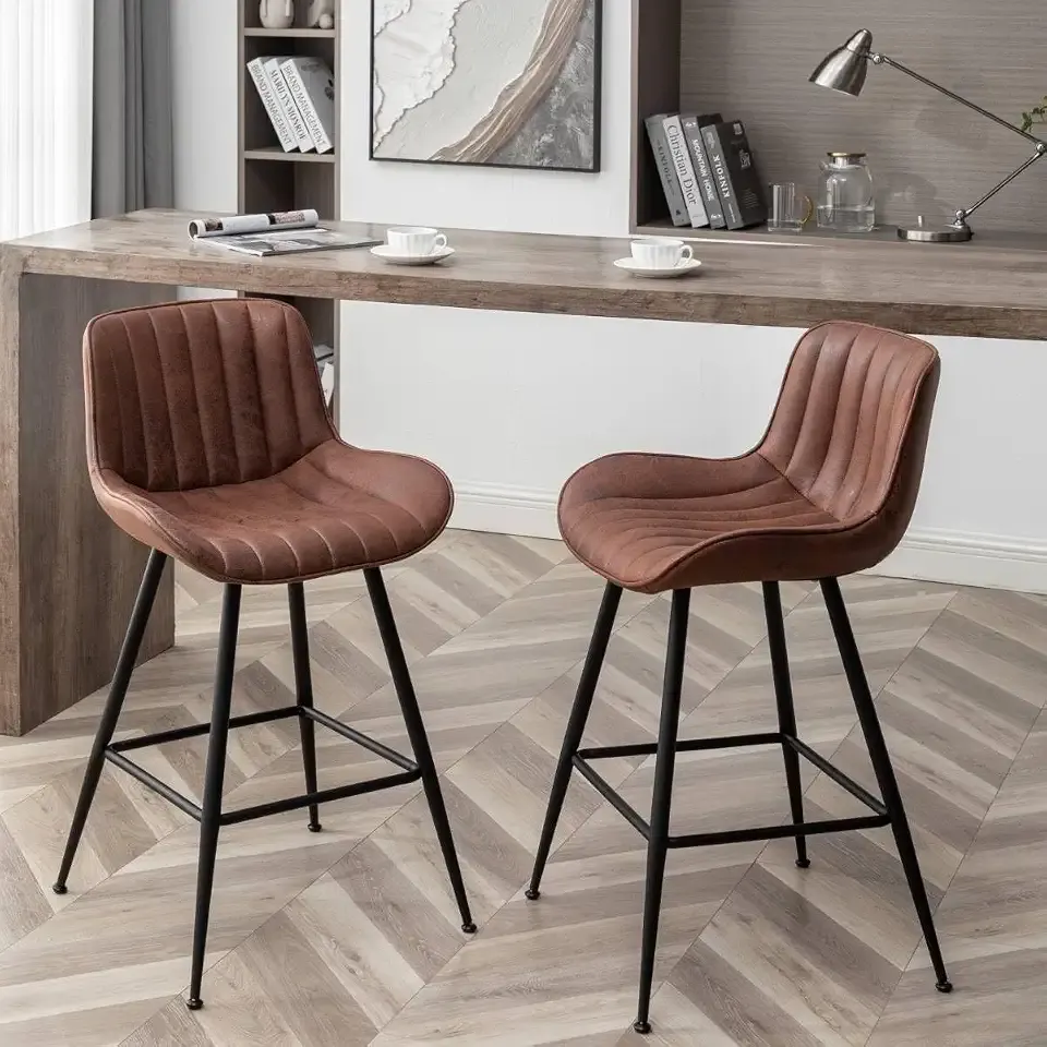 Brown Bar Stools Set of 2, Fabric Upholstered Barstools Armless, 24 in Bar Stool Bar Height, Black and Brown Barstools for Home Bar, Coffee Bar.