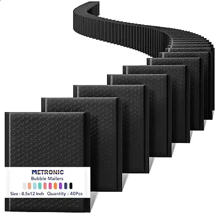 METRONIC Bubble Mailers 8.5x12" Padded Envelopes Black 40 Pack Self Seal