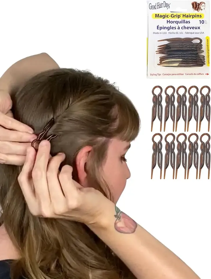 Good Hair Days Magic-Grip Hairpins, 10 Styling Updo U-Pins for Strong Hold | Curved 2.5" Hair Pins for Fine, Thick, Curly & Long Hair. All Day Discreet Hold for Buns, Half Updos, French Twists. USA-Made