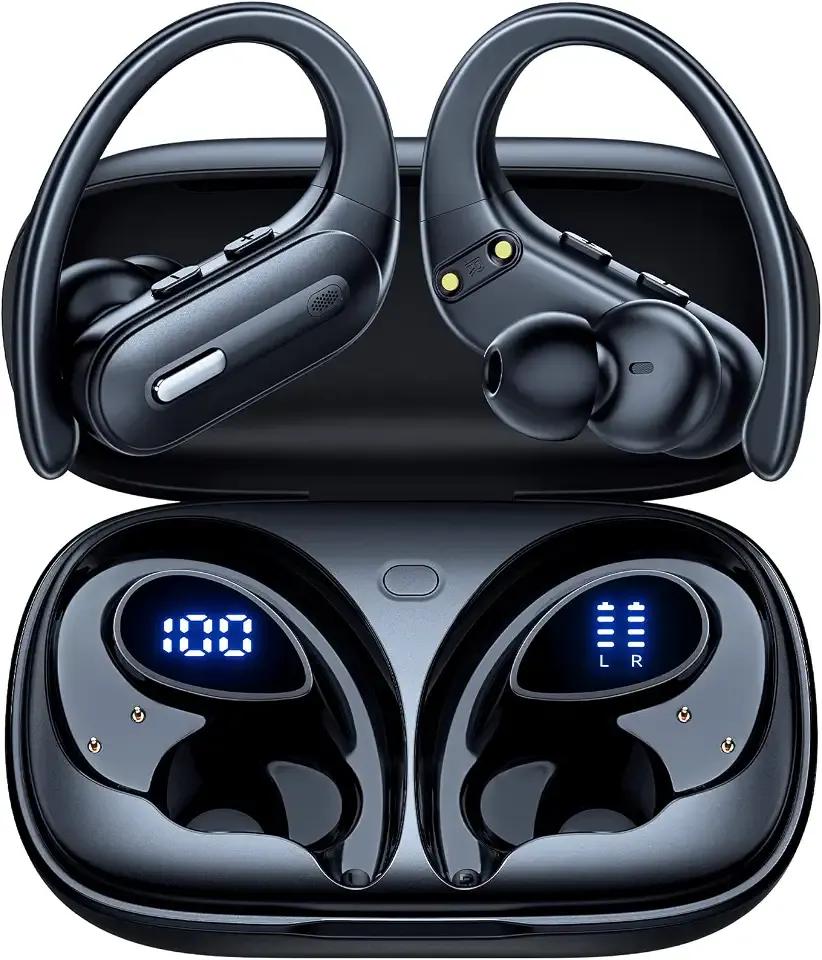 Active Noise Cancelling Wireless Earbuds Bluetooth Headphones 90 Hrs Playtime Ear Buds with Hi-Res Stereo Deep Bass Power Display Earphones with Earhooks Waterproof Transparency Headset Sports/Running