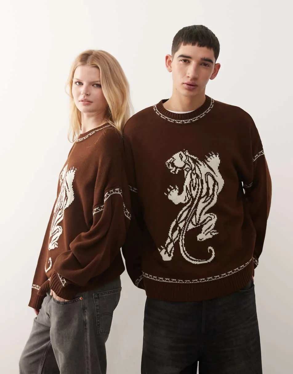 COLLUSION Unisex jumper in chocolate brown with panther graphic