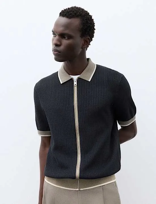 Pure Cotton Linear Stitch Zip Knitted Polo
