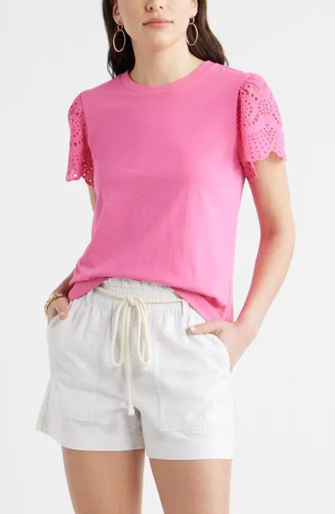 Eyelet Sleeve Mixed Media T-Shirt