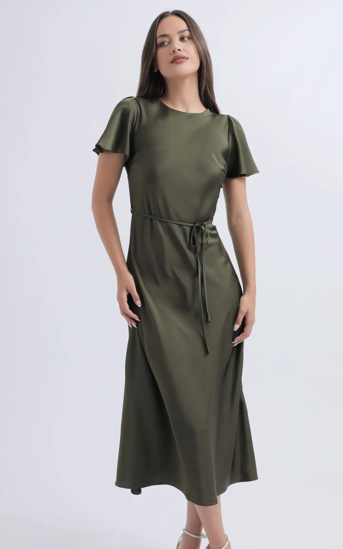 Satin Flutter Sleeve Midi Dress