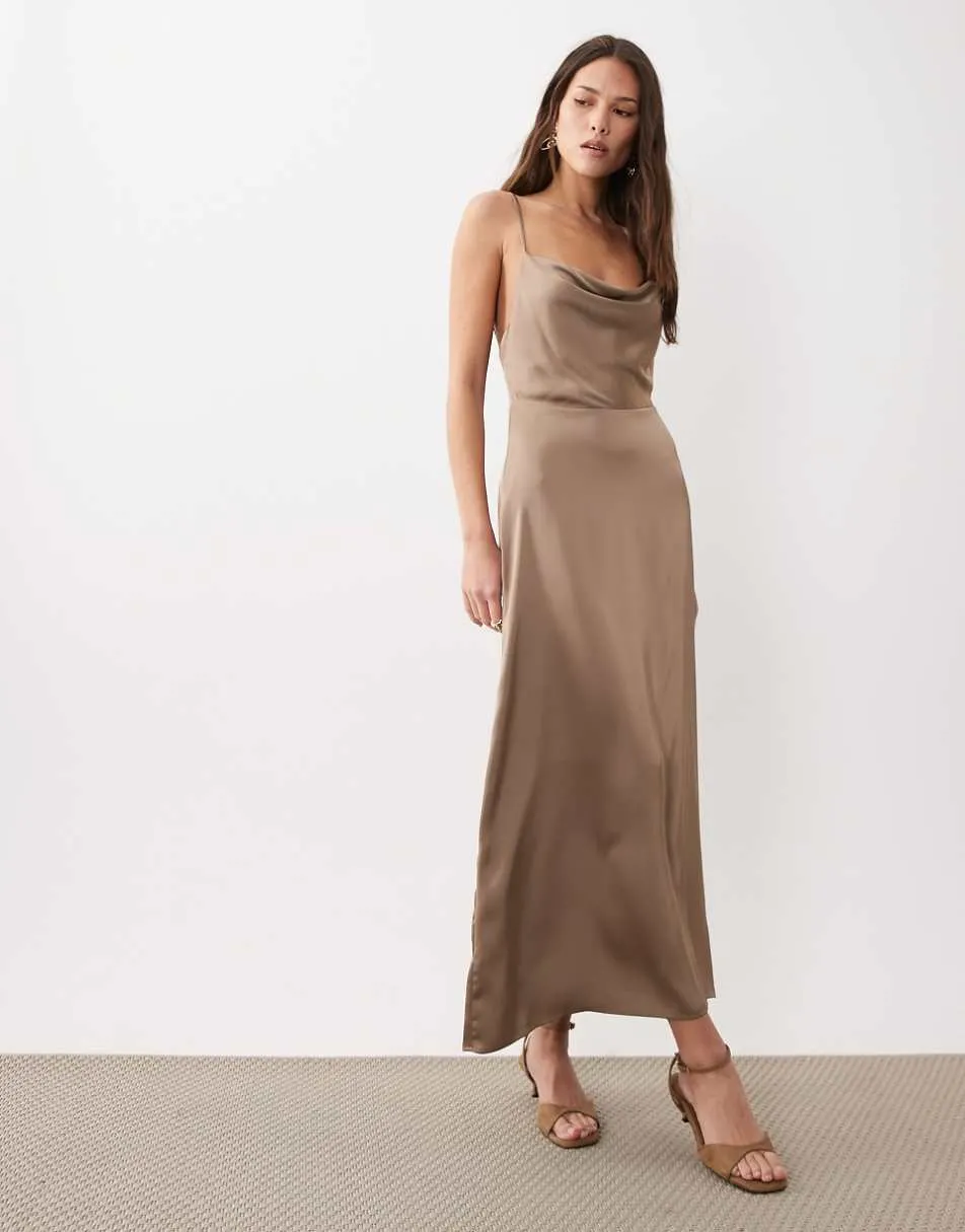 Vila satin cowl neck cami maxi dress in taupe