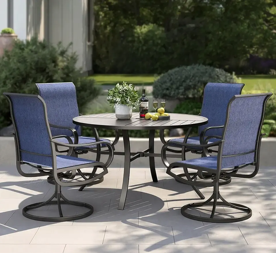 PHI VILLA 5 Piece Patio Dining Set with 4 Outdoor Swivel Dining Chairs & 1 Large Round Dining Table, All Weather Blue Textilene Mesh Fabric Chair and Round Metal Table for Deck Lawn Garden