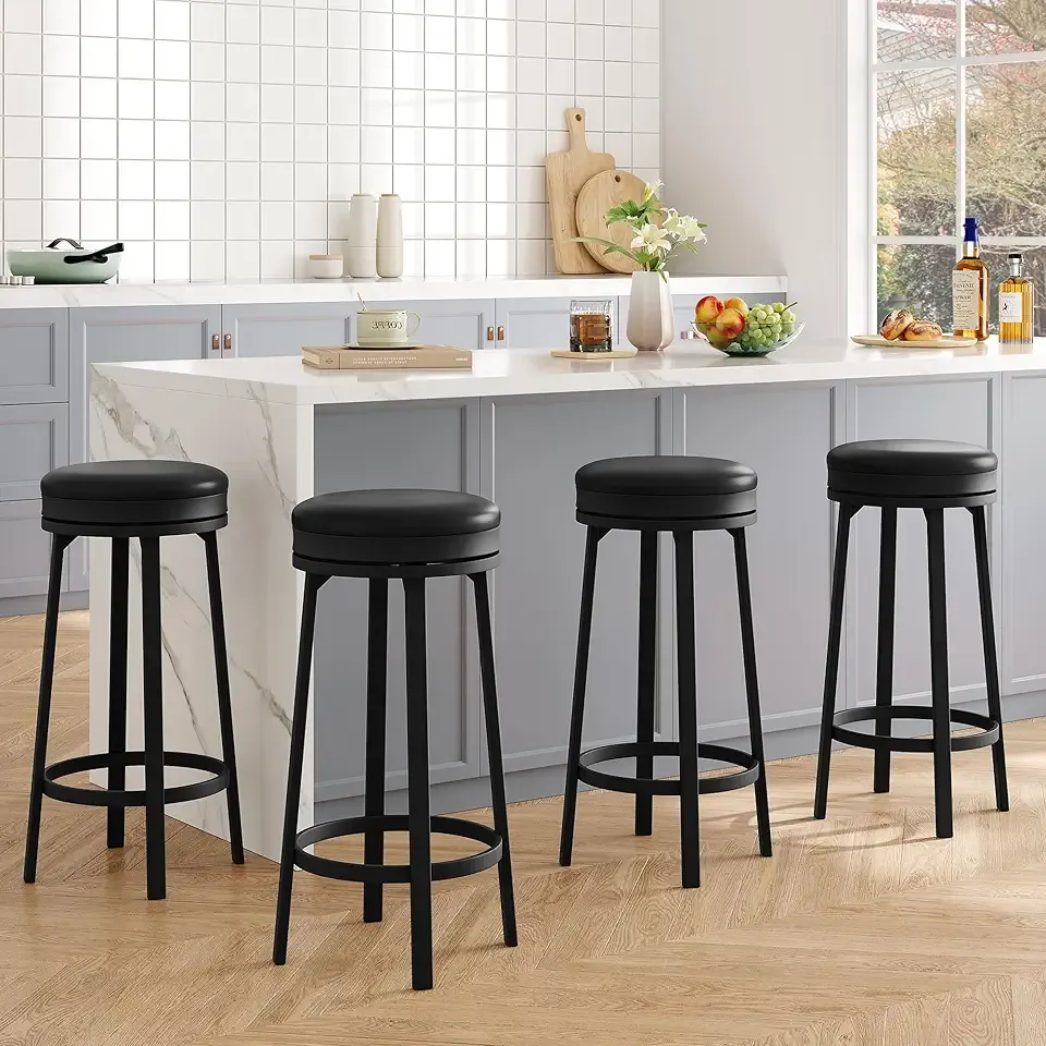 IDEALHOUSE 30'' Swivel Bar Stools Set of 4 with Footrest, Modern Counter Height Barstools with PU Leather Upholstered and Metal Frame, Backless Round Bar Stools for Kitchen Island, Black
