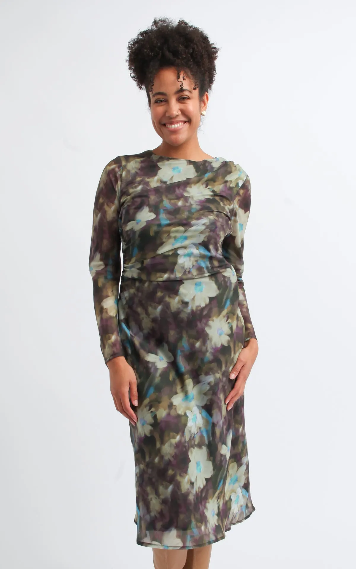 Chiffon Asymmetric Detail LS Dress