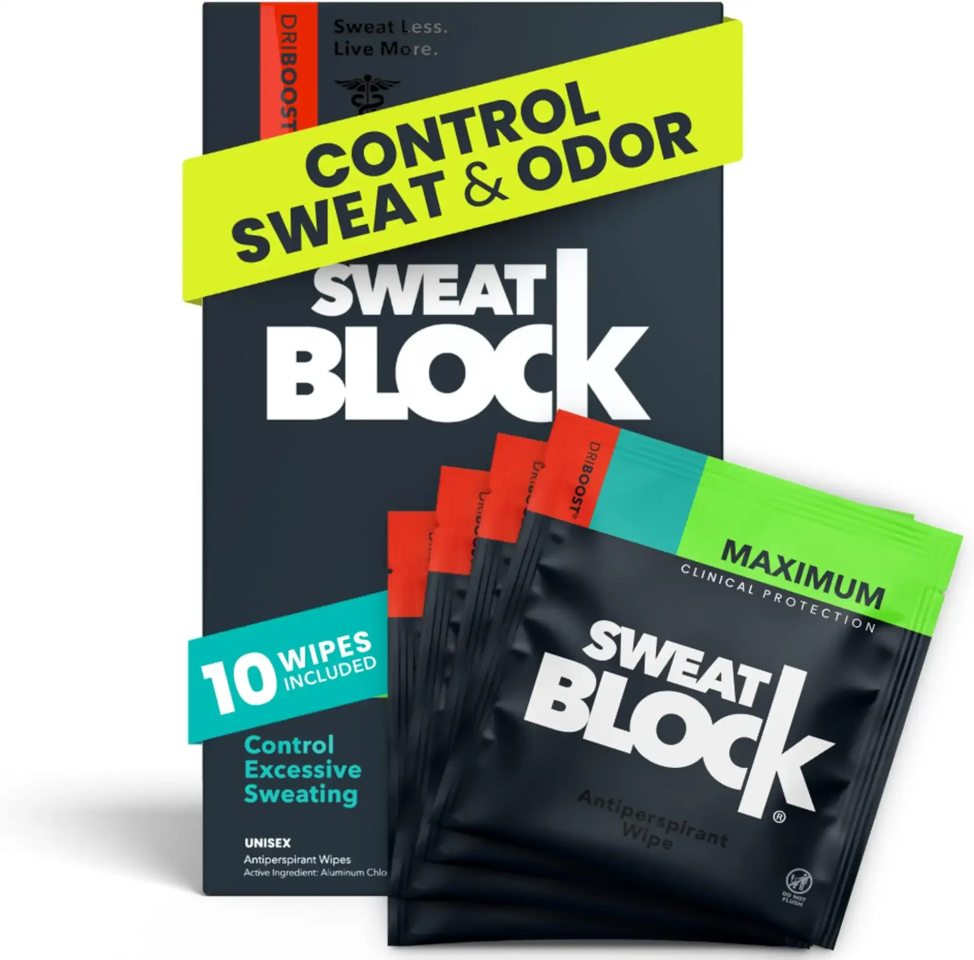 SweatBlock Clinical Strength Antiperspirant Wipes for Men Women Excessive Sweat Protection Hyperhidrosis Treatment Stops Underarm Perspiration Up to 7 Days Includes 10 Individually Wrapped Sweat Wipes