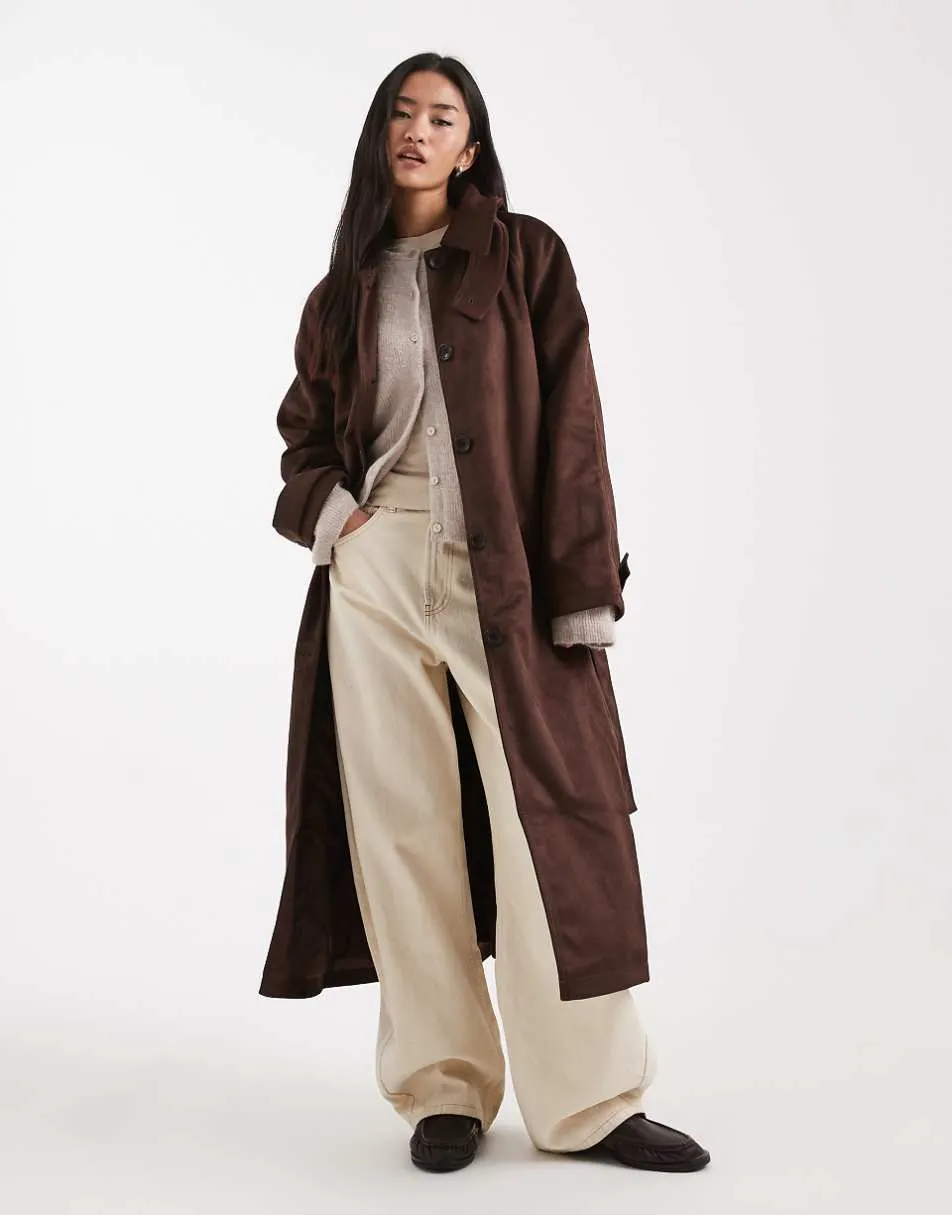 ASOS DESIGN faux suede funnel neck trench coat in chocolate