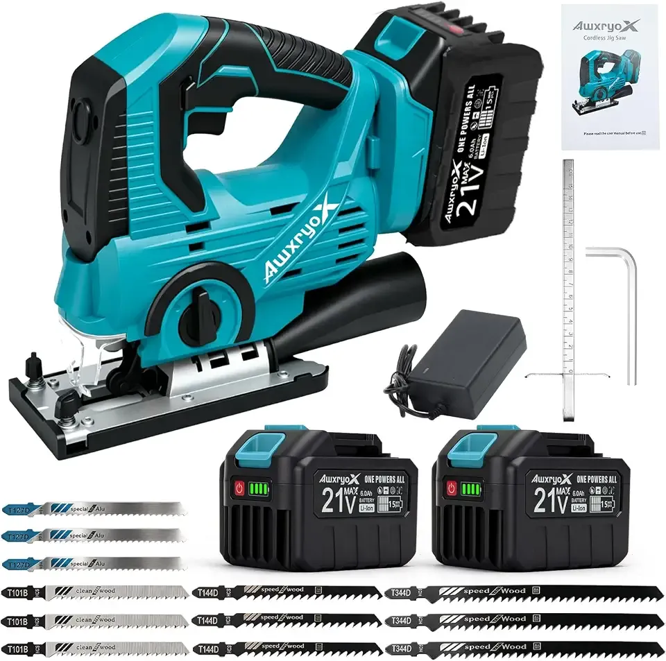 21V Cordless Jigsaw,Jig Saw with 2×6.0Ah Battery for Woodworking | 4 Orbital Settings,3000RPM,±45°Bevel Cuts,12 Blades;Caladora Eléctrica for Straight,Curve & Circle Cutting