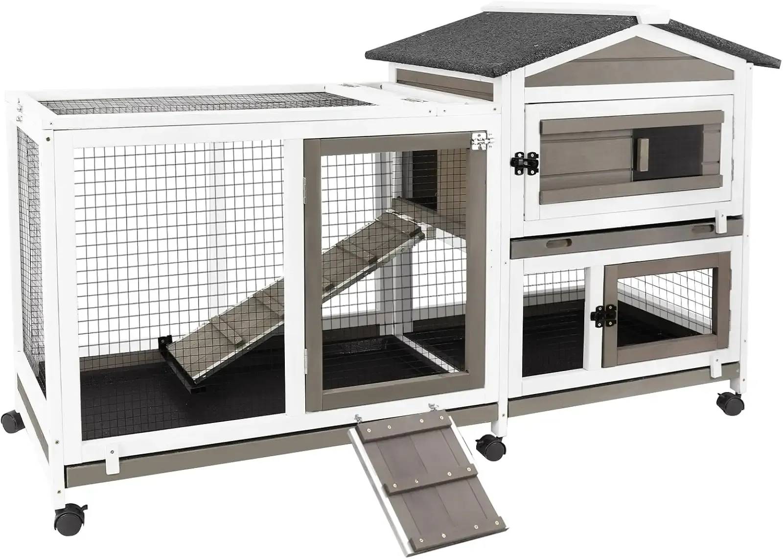 Rabbit Hutch Indoor and Outdoor 2-Story Rabbit Cage with Pull Out Tray,Fir Wood Pet House with Wooden Ramp,Waterproof Bunny Cage Indoor with 2 Asphalt Roofs,Grey (55.3" L x 21.5" W x 34.5" H)