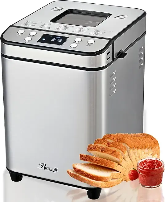 Rosewill 25-in-1 Automatic Bread Maker Machine with 3 Loaf Size up to 2 Lb, 700W High Power Dual Heater Bread Maker with BPA-free Nonstick Coating Pan, Max 15 Hours Delay Timer, Low Noise - Silver