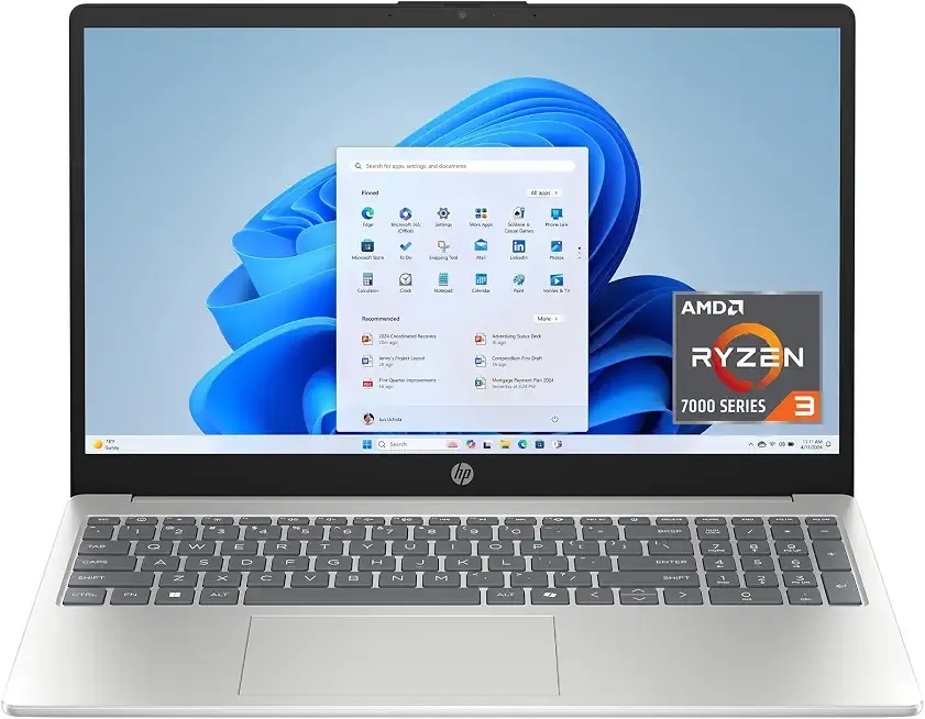 HP 15.6 inch Laptop, HD Touchscreen Display, AMD Ryzen 3 7320U, 8 GB RAM, 256 GB SSD, AMD Radeon Graphics, Windows 11 Home, Natural Silver, 15-fc0399nr
