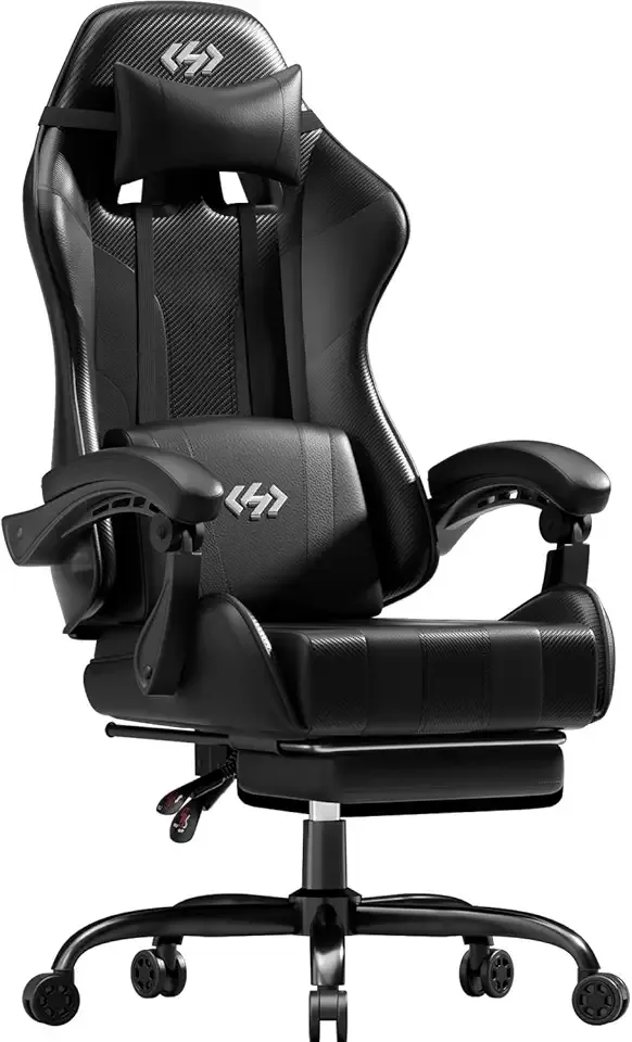 HLDIRECT Gaming Chair, Ergonomic Computer Office Chair with Lumbar Support Footrest Headrest, Adjustable Height & Backrest Angle Video Gamer Chair, PU Leather, 360° Swivel, Adult, Black