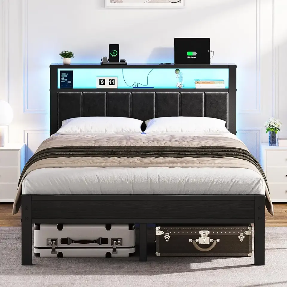 OLEVS Full Size Bed Frame with LED Lights & Charging Station, Modern Platform Bed with Upholstered Storage Headboard, No Box Spring Needed Easy Assembly
