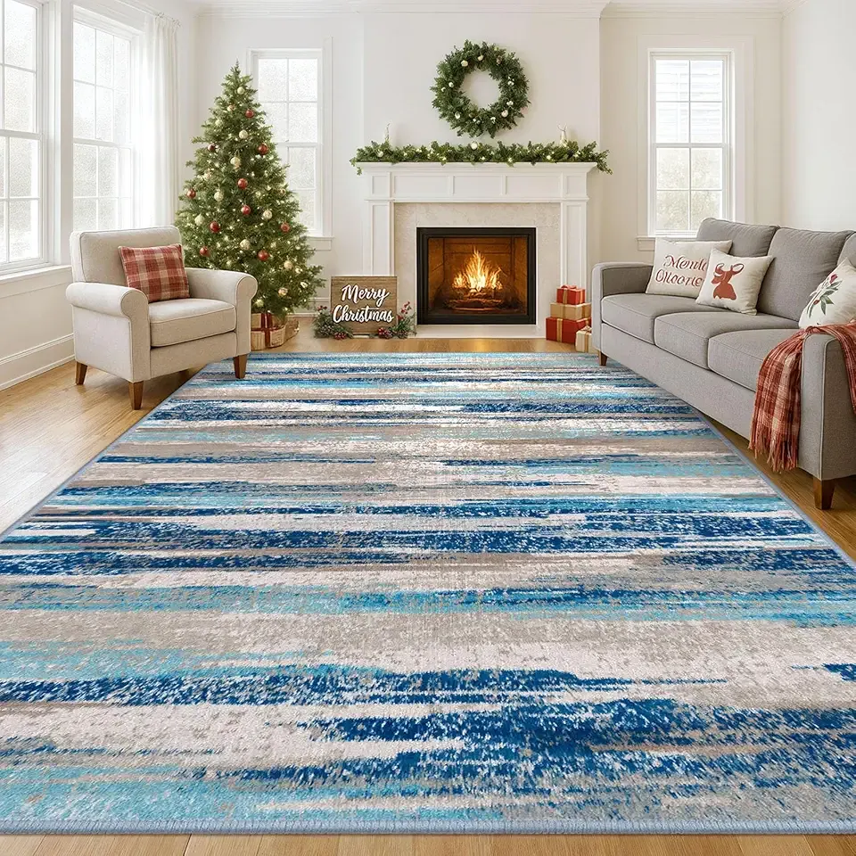 Modern Abstract 9x12 Large Machine Washable Living Room Rug Non-Slip Soft Bedroom Area Rug Blue Ultra Thin Print Faux Wool Carpet Throw Rugs for Nursery Playroom Dining Room Indoor Office