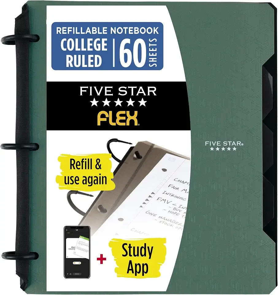 Five Star Flex Refillable Notebook + Study App, College Ruled Paper and 1 Inch TechLock Ring Binder with Pockets, Tabs and Dividers, 200 Sheet Capacity, Seaglass Green (293280AQ8)
