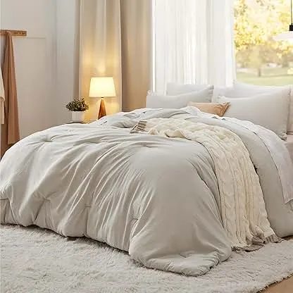 Bedsure King Comforter Set, Beige Soft Prewashed Bedding for All Seasons, 3 Pieces GentleSoft™ Bed Set, 1 Lightweight Comforter (104"x90") and 2 Pillowcases (20"x36") Bedsure King Comforter Set, Beige Soft Prewashed Beddi…