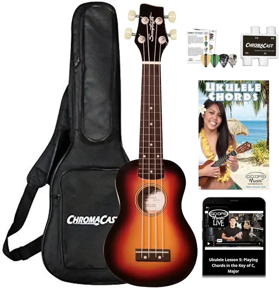 Sawtooth 4-String Sunburst Basswood Soprano Ukulele with Uke Chord Guide, Padded Gig Bag, Picks, Pitch Pipe and Free Online Lessons