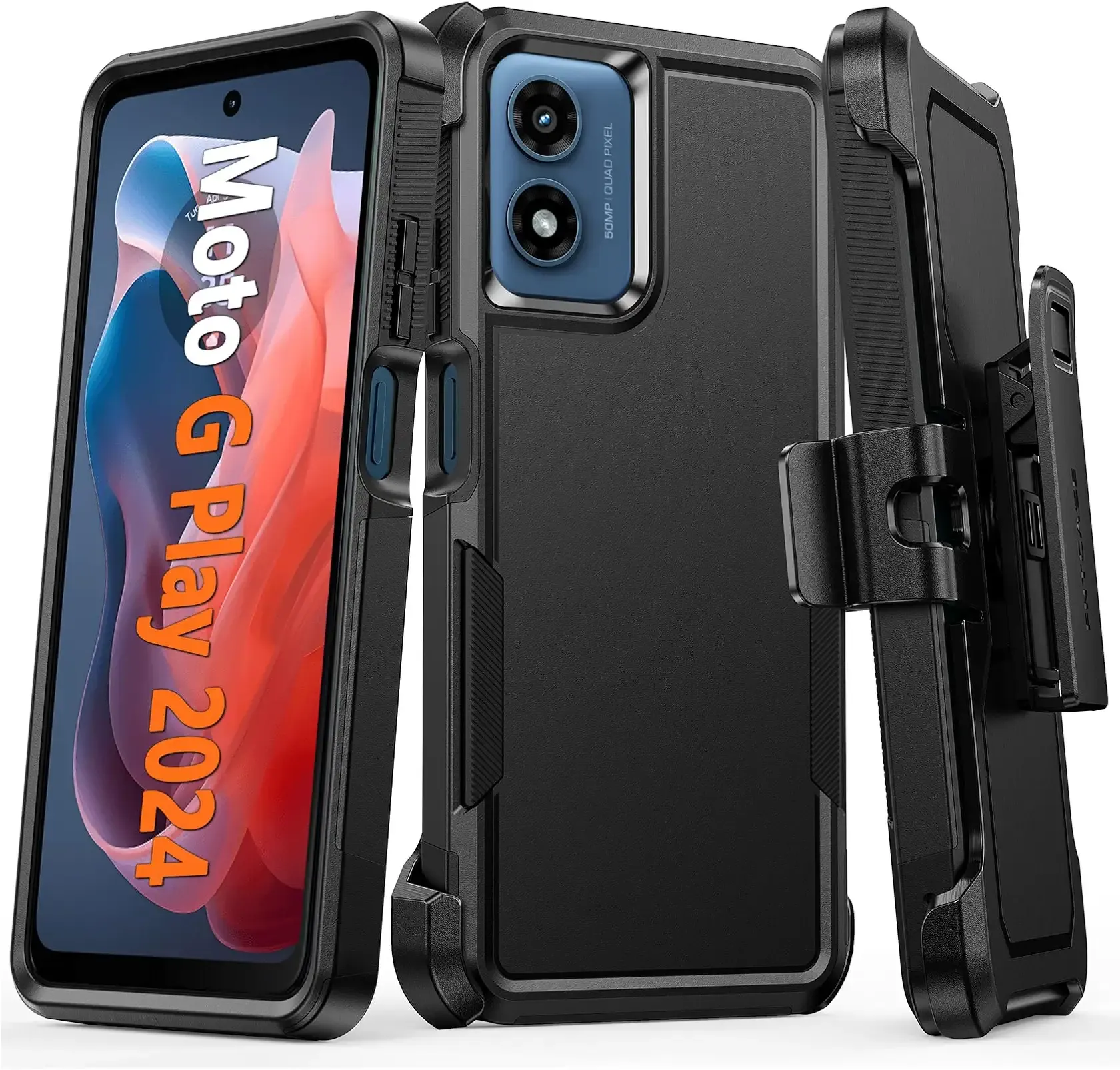 FNTCASE for Motorola Moto G-Play-2024 Case: Heavy Duty Drop Protection with Rugged Belt-Clip Holster & Kickstand Military Grade Shockproof Durable Protective Cell Phone Cover (Black)
