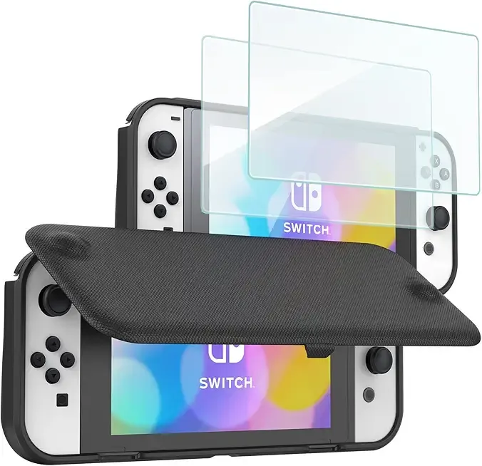 ProCase Flip Cover for Nintendo Switch OLED with 2 Pack Tempered Glass Screen Protectors, Slim Protective Case with Magnetically Detachable Front Cover for Nintendo Switch OLED 2021 -Black