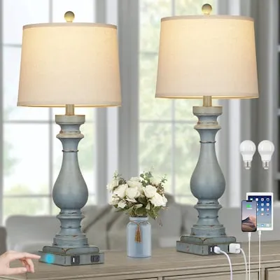 14.5-in White Travertine Stone LED Table Lamp with Linen Shade
