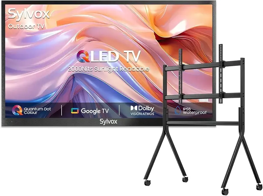 SYLVOX Outdoor TV with Rolling Stand, 75 inch Smart QLED TV, 2000 Nit Full Sun, Weatherproof, 4K UHD, IP55 Waterproof, Commercial Grade (2024 Model)