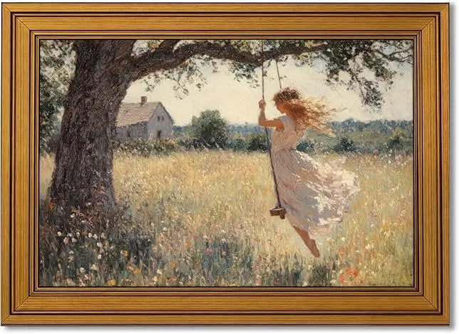 Vintage Gold Framed Canvas Wall Art, Swing Girl Poster Artwork, Country Landscape Print Picture, English Cottage Wildflorals Painting…
