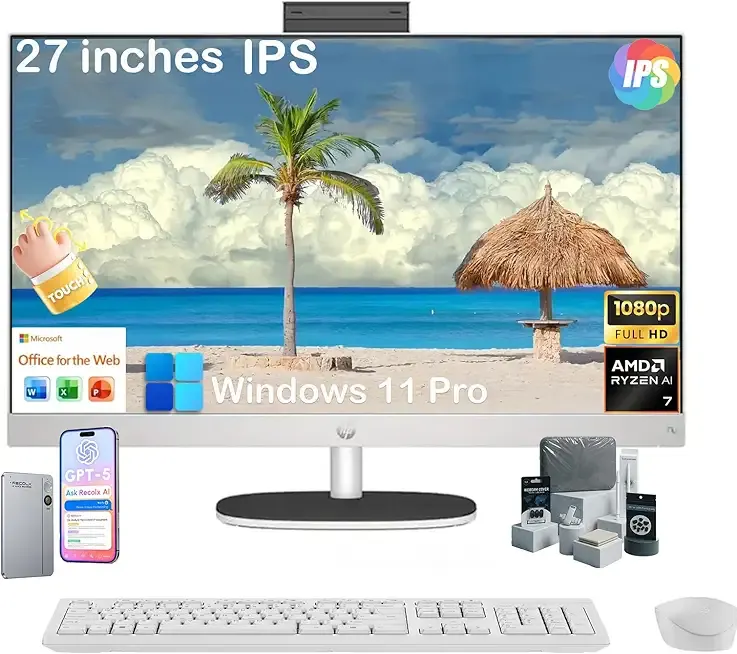 HP 27" Touchscreen All-in-One Desktop Computer, AMD Ryzen AI 7 350 (Up to 5.0GHz), 32GB DDR5 RAM, 2T SSD, FHD IPS Display, WiFi6, Bluetooth 5.4, Windows 11 Pro, Copilot+ AI PC, KB & Mouse, Accessories