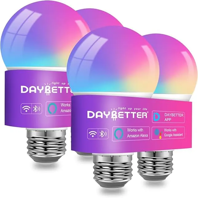 DAYBETTER A19 E26 Smart Light Bulbs,Compatible with Alexa & Google Home | DayBetter App, 4 Pack 800LM 60W Equivalent,Dimmable RGB+CCT C…
