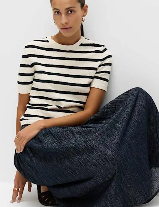 Cotton Rich Striped Bouclé Knitted Top
