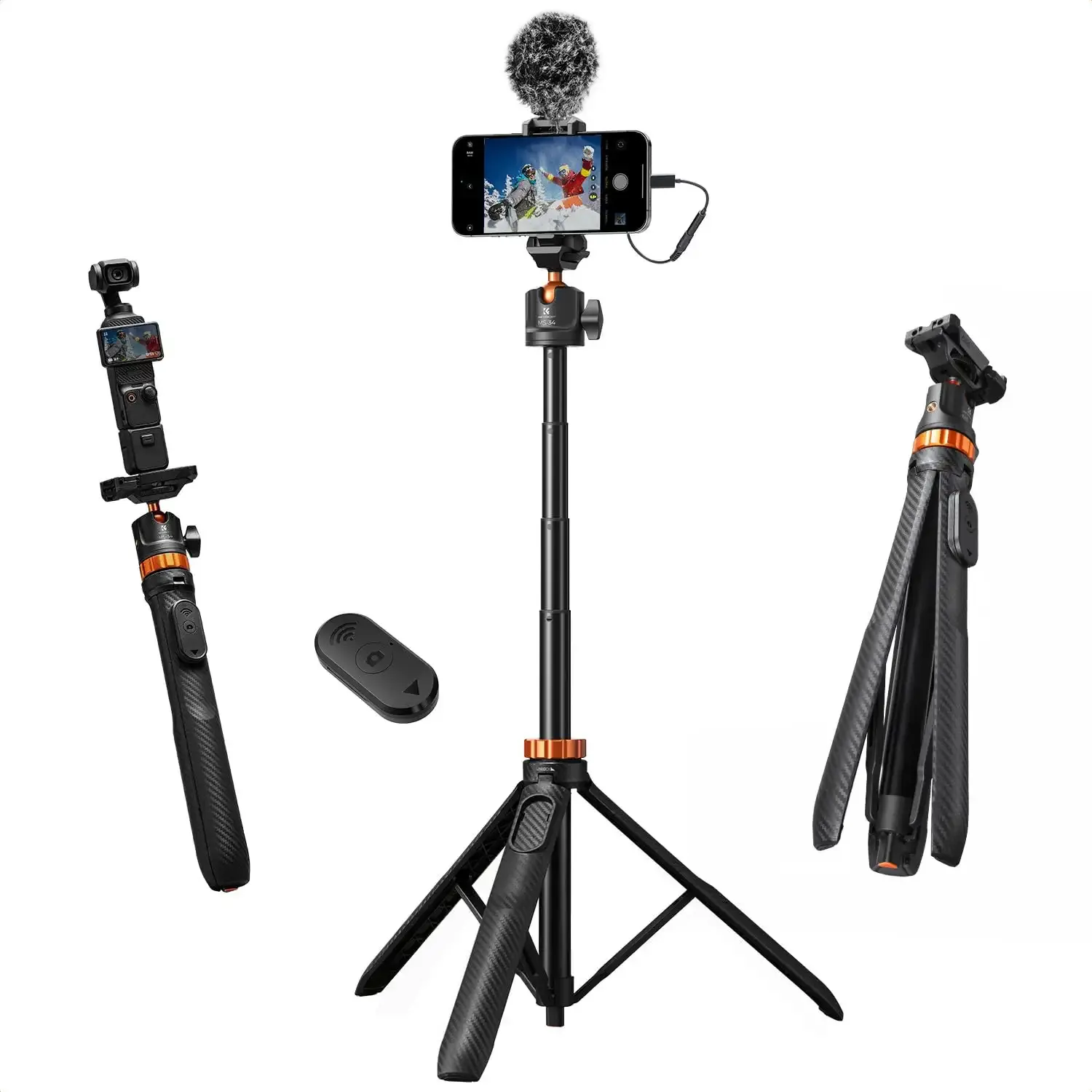 K&F CONCEPT Auto Open 62'' Selfie Stick Tripod with Remote for Vlog | 360° Ball Head Camera Tripod with 2-in-1 Phone Holder, Compatible with DJI Osmo Pocket 3 4 Insta360 Luna Ultra. MS34