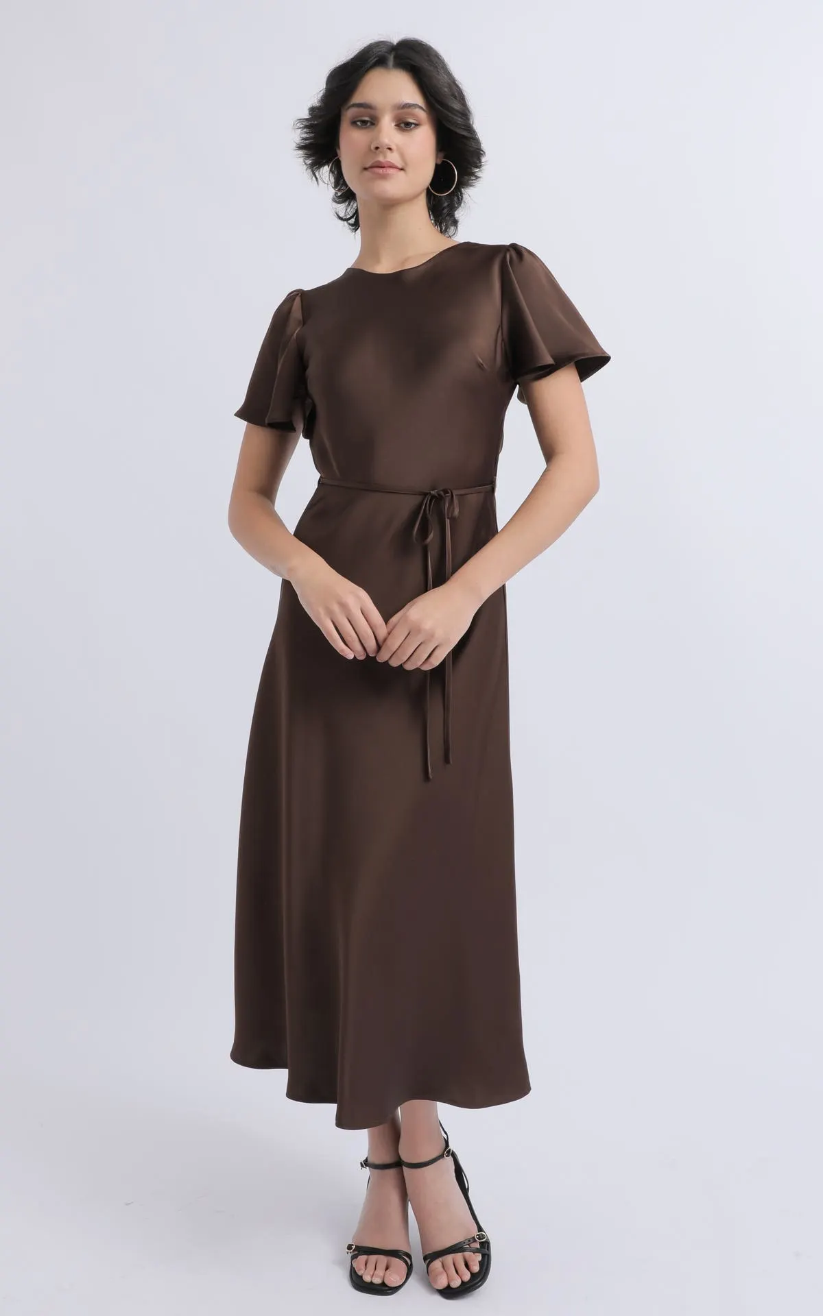 Satin Flutter Sleeve Midi Dress