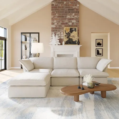 Large 123 in. Linen Modular Cloud Sectional Sofa with Storage Ottoman, Detachable Covers in. Beige