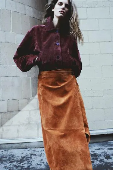 100% SUEDE LEATHER WRAP MIDI SKIRT