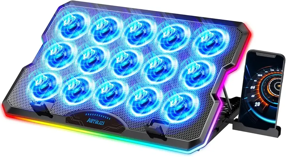 AIMIUZI Gaming Laptop Cooling Pad, Laptop Cooler with 15 Quiet Fans for 12-17.3 Inch Notebook, Slim Portable Laptop Cooling Stand with 7 Height Adjustable, 2 USB Ports, Phone Stand
