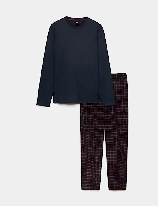 Kariertes Pyjama-Set aus reiner angerauter Baumwolle
