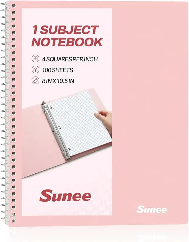 SUNEE Spiral Notebook, 1-Subject, Graph Ruled Paper, 8" x 10-1/2", 100 Sheets per Notebook, 3-Hole Punched Paper, Water Resistant Co…