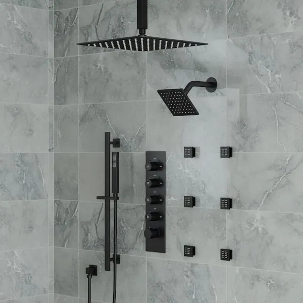 EVERSTEIN 15-​Spray Patterns 16 and 6 in.​ Ceiling Mount Dual Shower Head and Handheld with Sliding Bar 2.​5 GPM in Matte Black