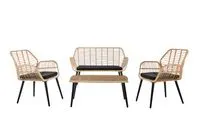 7tlg. helles Rattan Loungeset mit Sitzkissen in schwarz